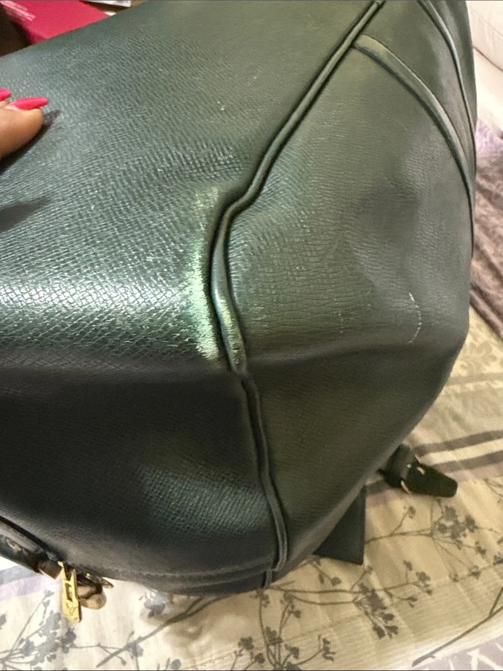 Louis Vuitton Green Leather Travel Duffel with Gold-Tone Hardware .